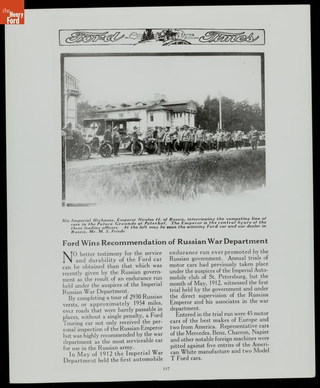 "Ford Wins Recommendation of Russian War Department," Ford Times, 1912