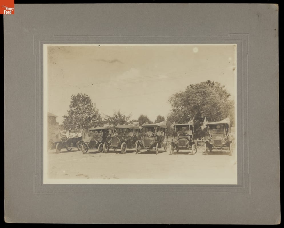 Ford Model T Automobiles Decorated with Flags, circa 1915