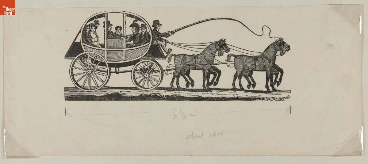 Wood Engraving, American Stagecoach of the Football-Shaped Type, circa 1825