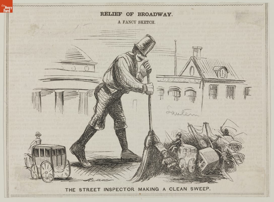 Cartoon, "Relief of Broadway, A Fancy Sketch, the Street Inspector Making a Clean Sweep," circa 1848