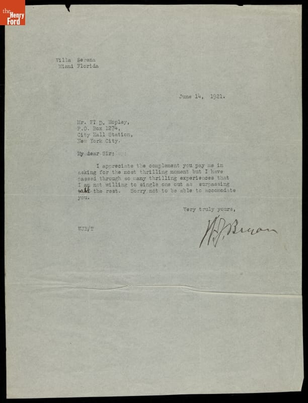 Letter from William Jennings Bryan to Frank Hopley, June 14, 1921