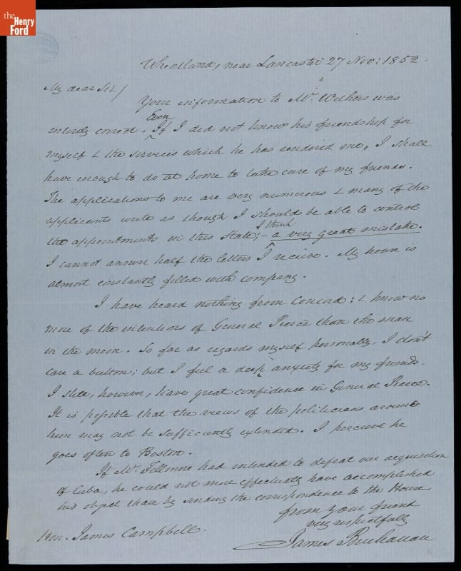 Letter from James Buchanan to James Campbell, 1852