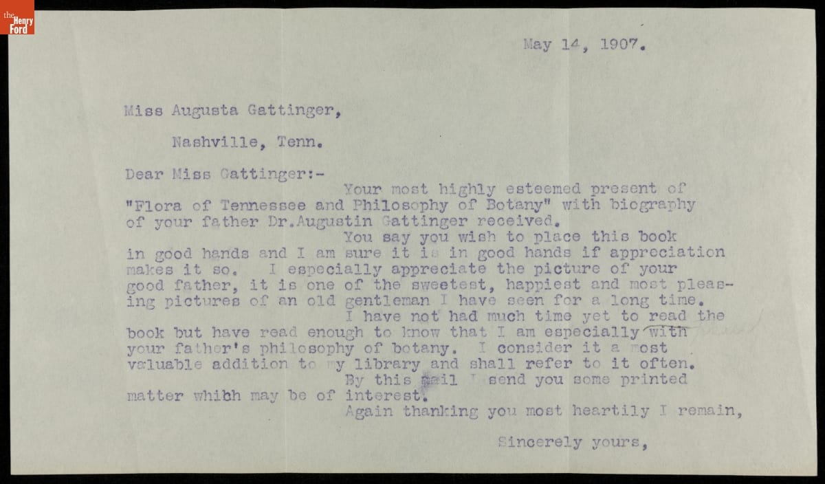 Letter Sent by Luther Burbank to Augusta Gattinger, May 14, 1907
