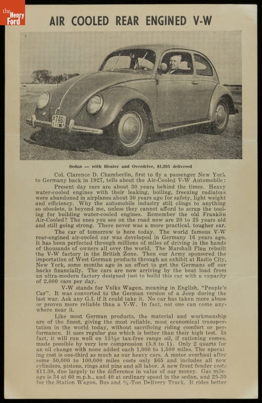 "Air Cooled Rear Engined V-W Sedan with Heater and Overdrive" Volkswagen Advertisement, circa 1952