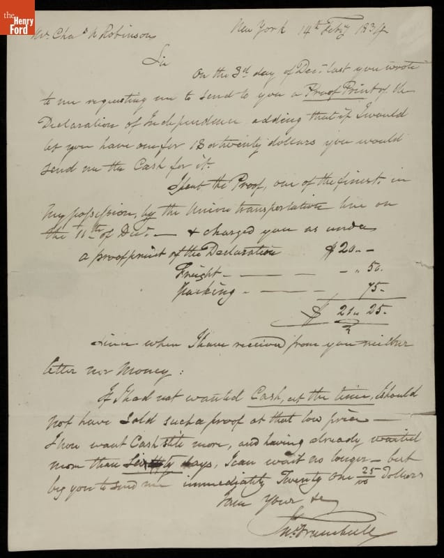 Letter from John Trumbull to Charles N. Robinson, New York, New York, 1834