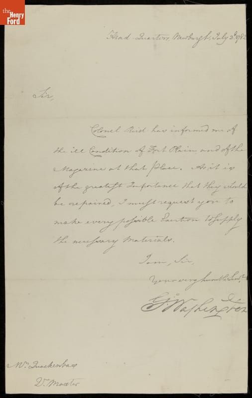 Letter from George Washington to Nicholas Quackenbush, 1782