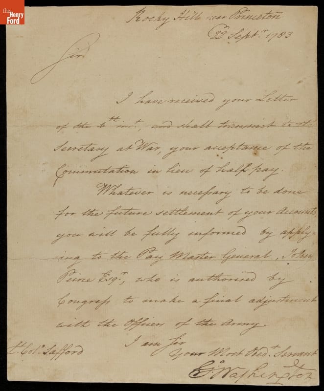 Letter Signed by George Washington to Lt. Colonel Safford, 1783