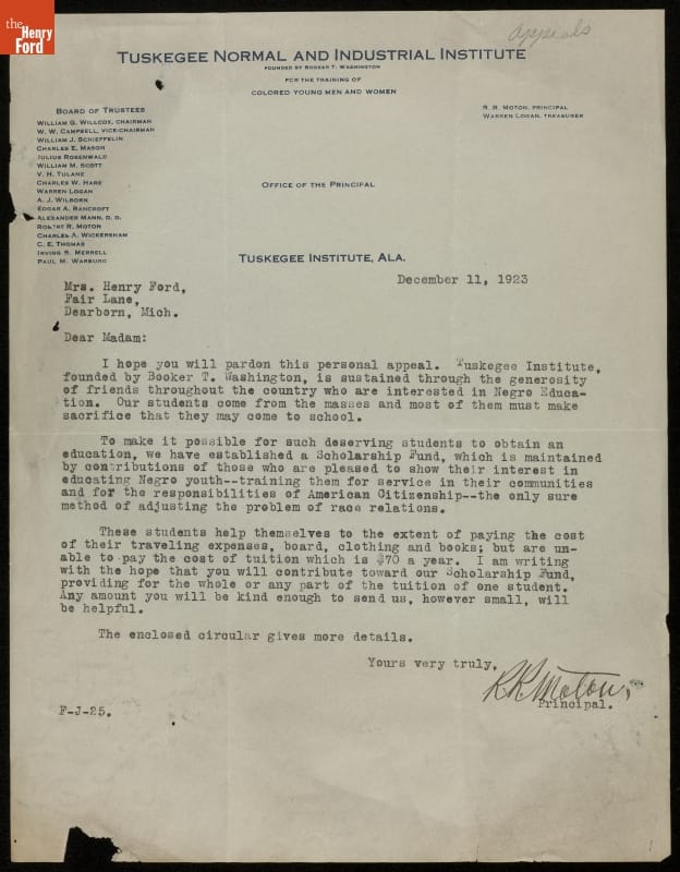 Letter from Robert R. Moton, Principal of Tuskegee Institute, to Clara Ford, December 11, 1923
