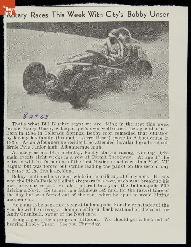 Bobby Henry Racing Bobby Unser--Photographs--Racing--1963 Indy Car and Sprints--Item79