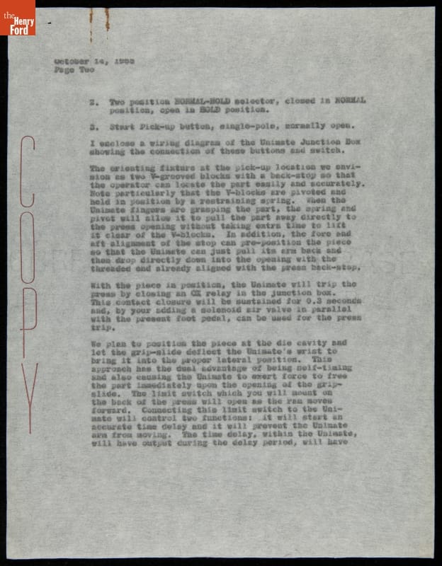 Letter regarding Operating Unimate Industrial Robot, 1965