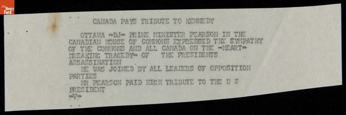 Teletype Message with Wire Service News Coverage of John F. Kennedy Assassination, November 22, 1963