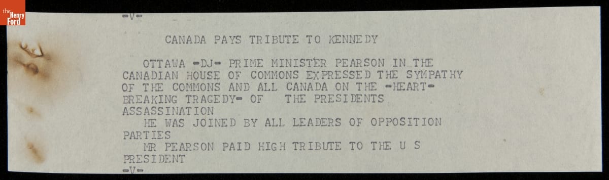 Teletype Message with Wire Service News Coverage of John F. Kennedy Assassination, November 22, 1963