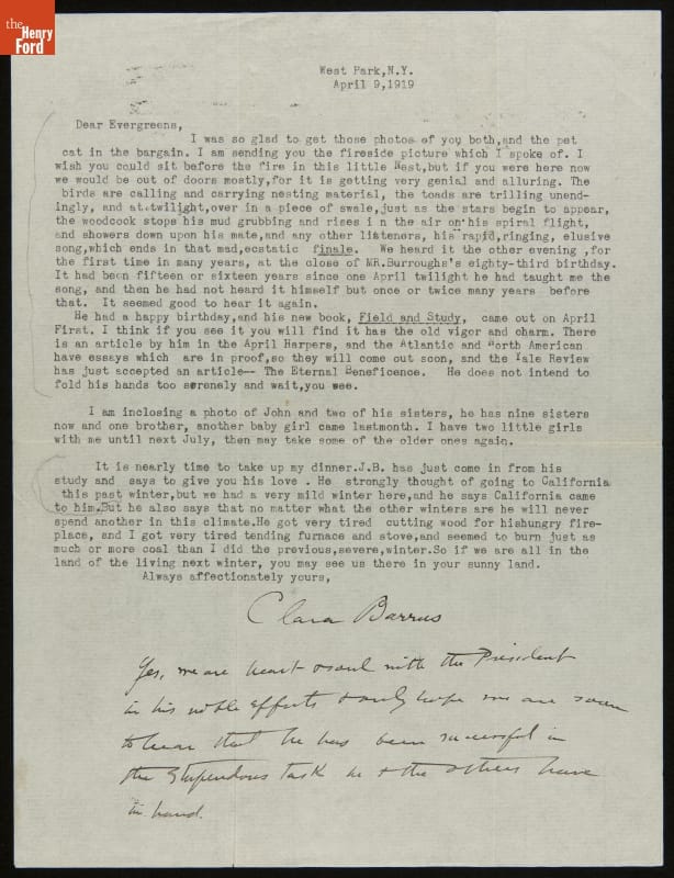 Letter from Clara Barrus to Mr. and Mrs. J. Edward B. Greene, April 9, 1919
