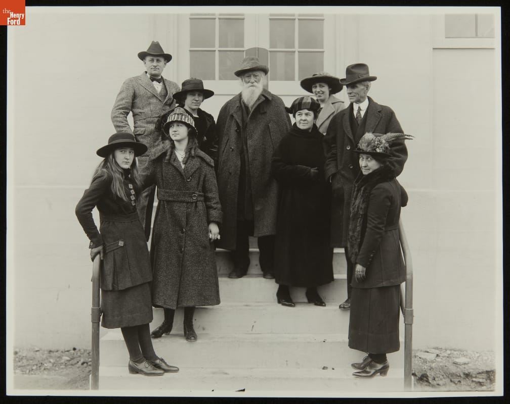 John Burroughs with Clara and Henry Ford, Evangeline and Ray Dahlinger, and Clara Barrus, Dearborn, Michigan, 1920