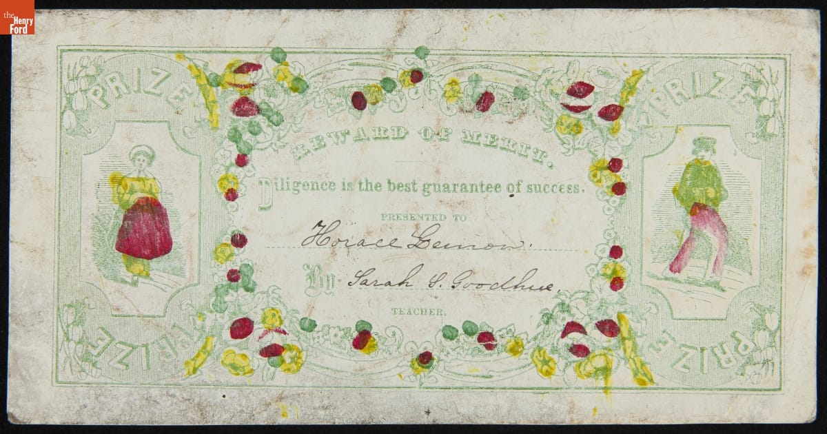 School Reward of Merit Given by Sarah Goodhue, 1850-1860
