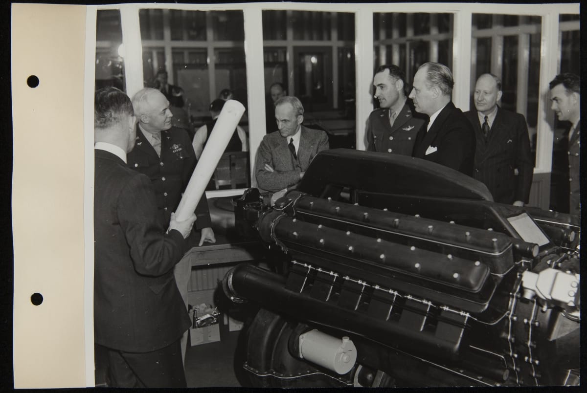 General "Hap" Arnold and Henry Ford with Model Ford Airplane Engine, March 1941