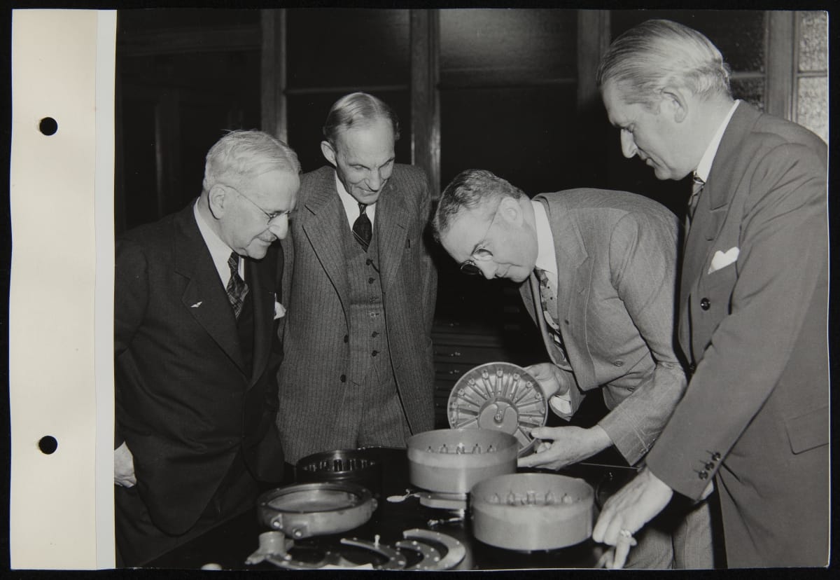 Albert Kahn, Henry Ford, Mr. Martin, and Charles Sorensen in Ford Engineering Laboratory, April 1942