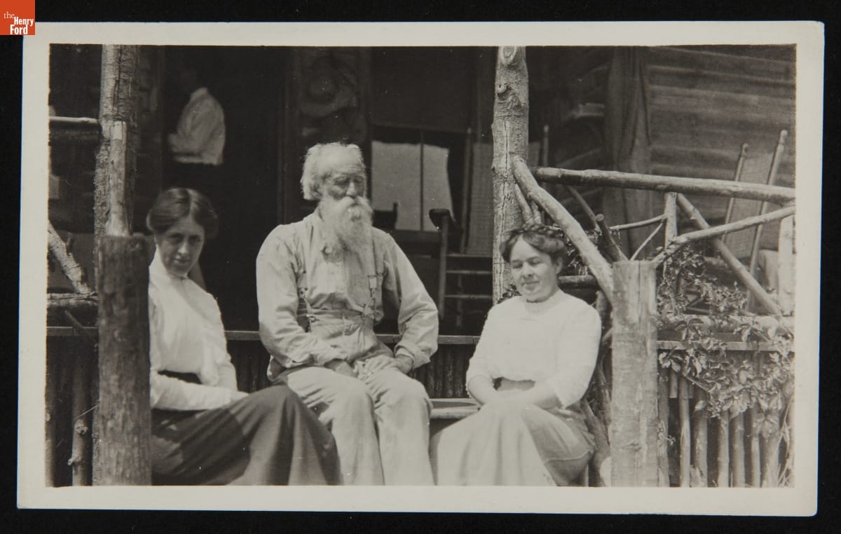 Clara Barrus, John Burroughs, and Clara Ford at Woodchuck Lodge, 1913