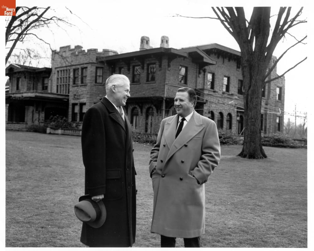 Harlan Hatcher and Henry Ford II at Fair Lane, Dearborn, Michigan, 1956