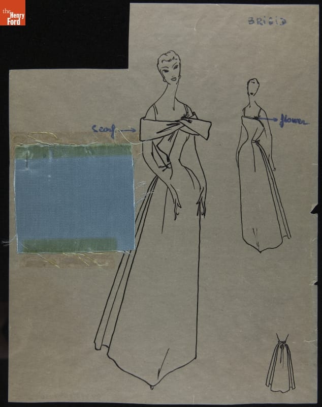 Christian Dior Fashion Design Drawing with Fabric Swatch, "Brigid," 1953-1954