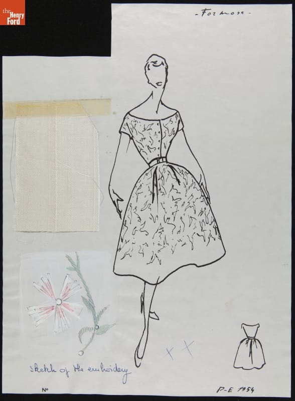 Christian Dior Fashion Design Drawing with Fabric Swatch, "Formose," 1954