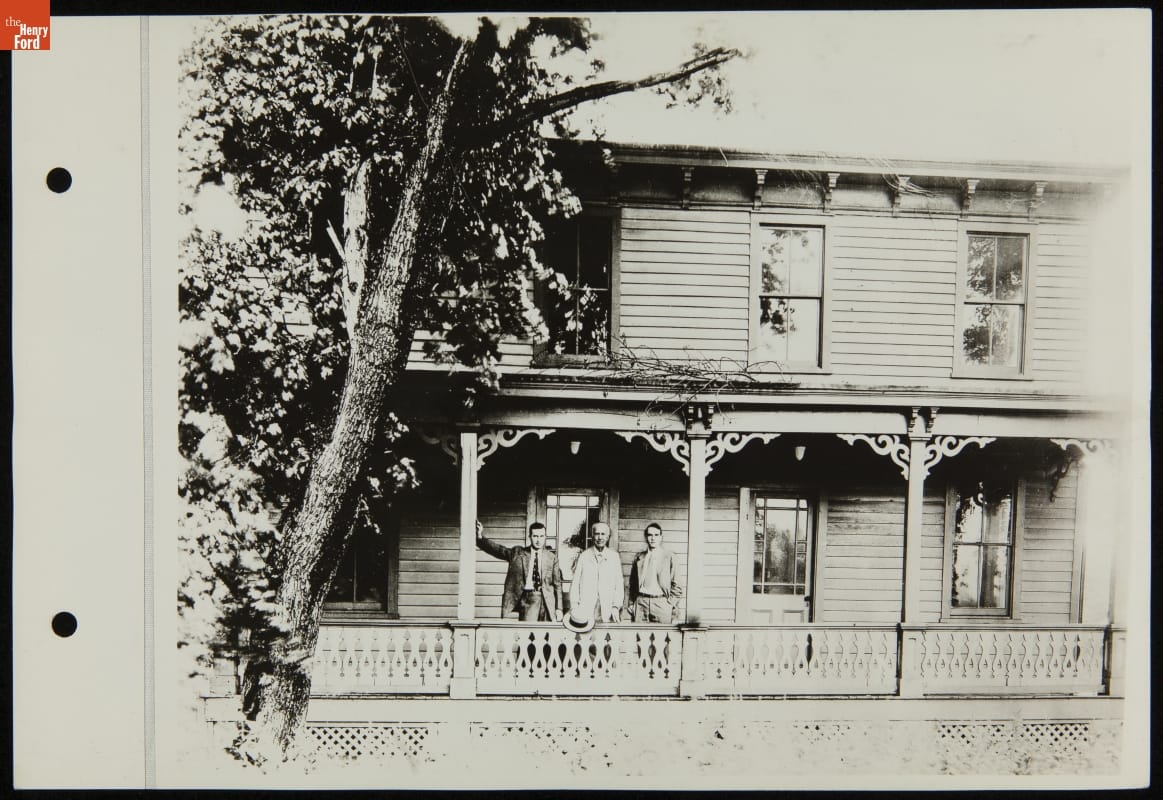 Charles, Thomas, and Theodore Edison on the Porch of the Sarah Jordan Boarding House at its Original Site, Menlo Park, New Jersey, 1928