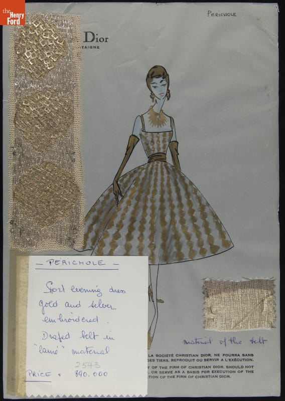 Christian Dior Fashion Design Drawing with Fabric Swatches, "Perichole," 1956