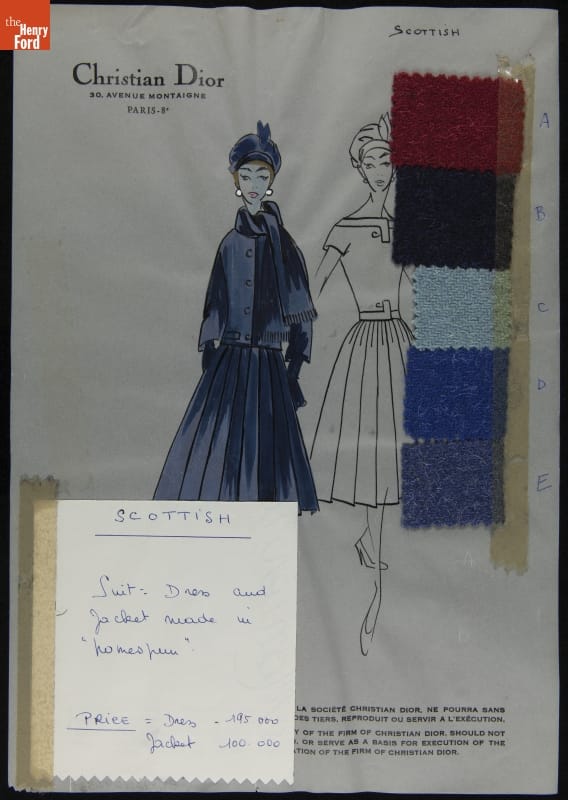 Dior Fashion Drawing with Fabric Swatches, "Scottish," 1956