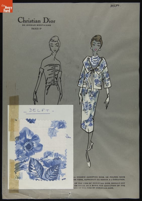 Christian Dior Fashion Design Drawing with Fabric Swatch, "Delft," 1957