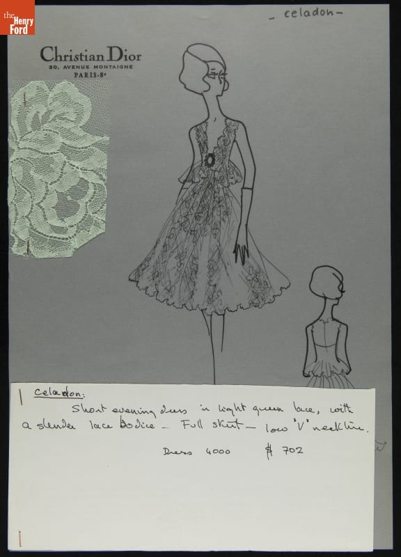 Christian Dior Fashion Design Drawing with Fabric Swatch, "Celadon," 1964