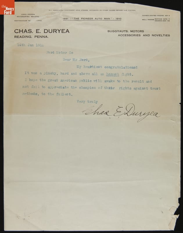 Letter from Charles Duryea to Henry Ford regarding the Selden Patent Suit Decision, 1911