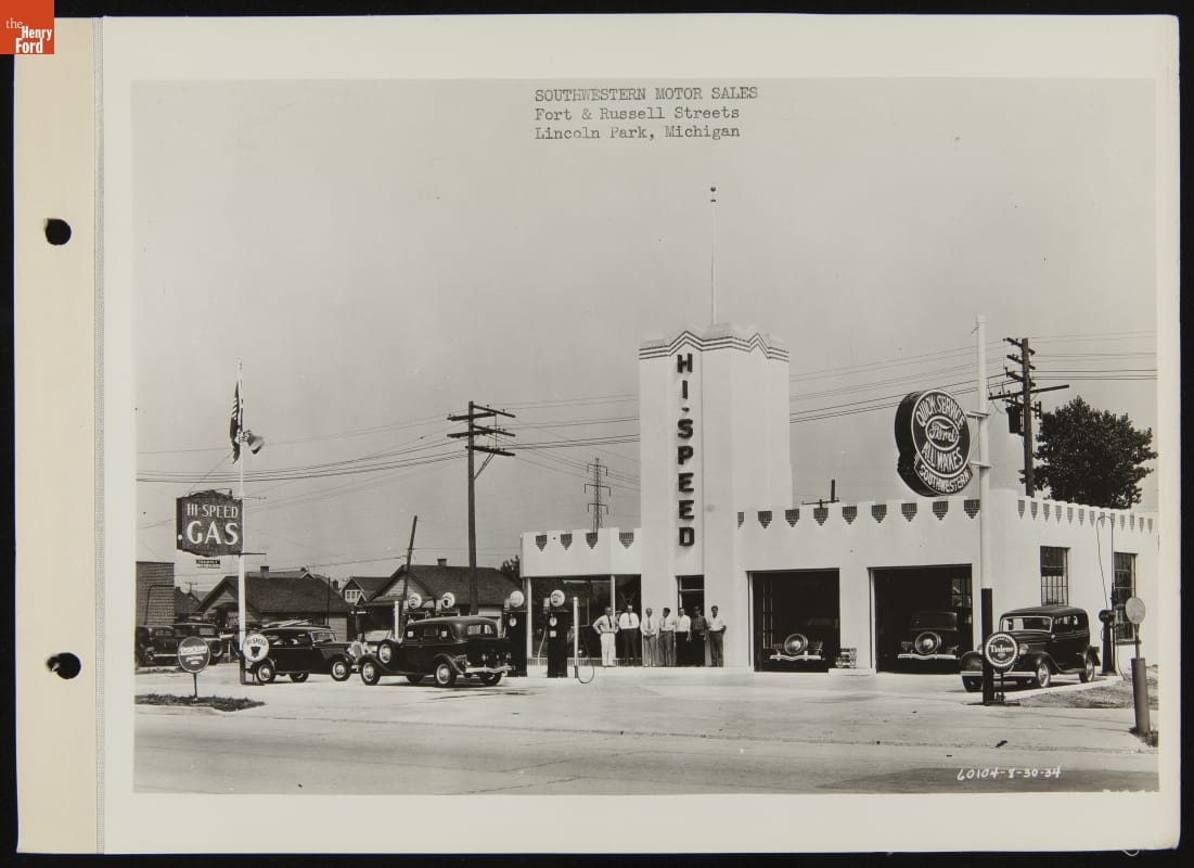 Southwestern Motor Sales at Ford and Russell, Lincoln Park, Michigan, August 1934