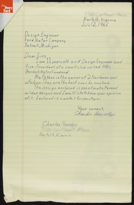 Letter and Design Drawing from Car Enthusiast Charles, Age 11 to Ford Motor Company Design Engineer, 1965
