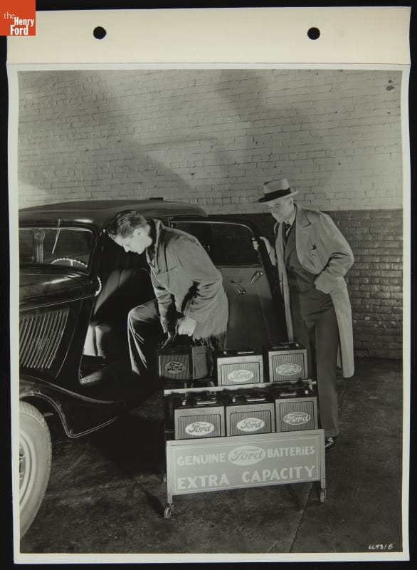 Service Attendant Selling Battery to Customer, Jarvis Brothers Ford Dealership, October 1936