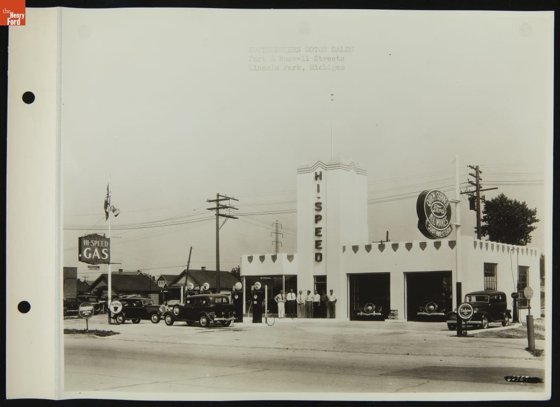 Southwestern Motor Sales, Super Service Station at Fort and Russell, Lincoln Park, Michigan, October 1936