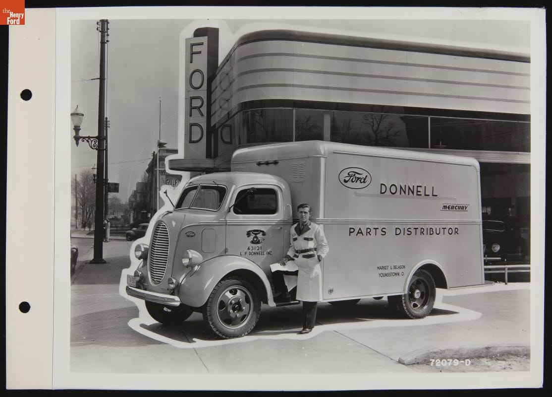 Donnell Ford-Mercury Parts Delivery Truck, Youngstown, Ohio, Illustration for July 1939 Ford Merchandising Bulletin