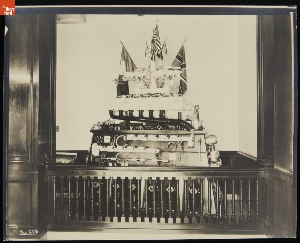 Liberty Engine on Display with Flags, 1918