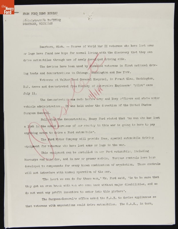 Diabled Veterans Find New Hope Driving Specially Equipped Cars, Ford Press Release, July 1945