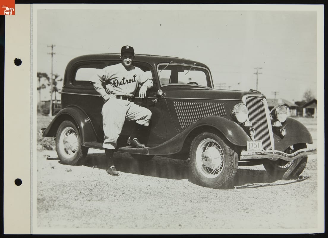 Detroit Tigers' Player-Manager Mickey Cochrane with a Ford V-8 Tudor Sedan, September 1934