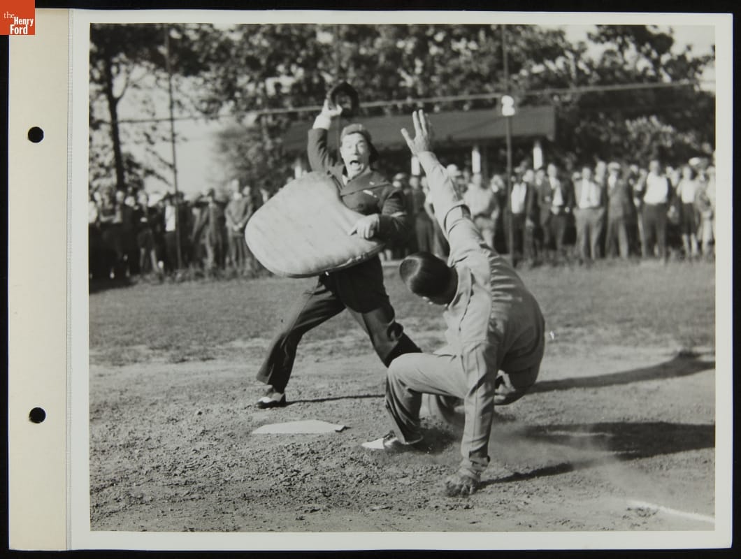 Runner Sliding into Home Plate with Comedian Joe E. Brown as Umpire, Ford Baseball Team Game, August 1942