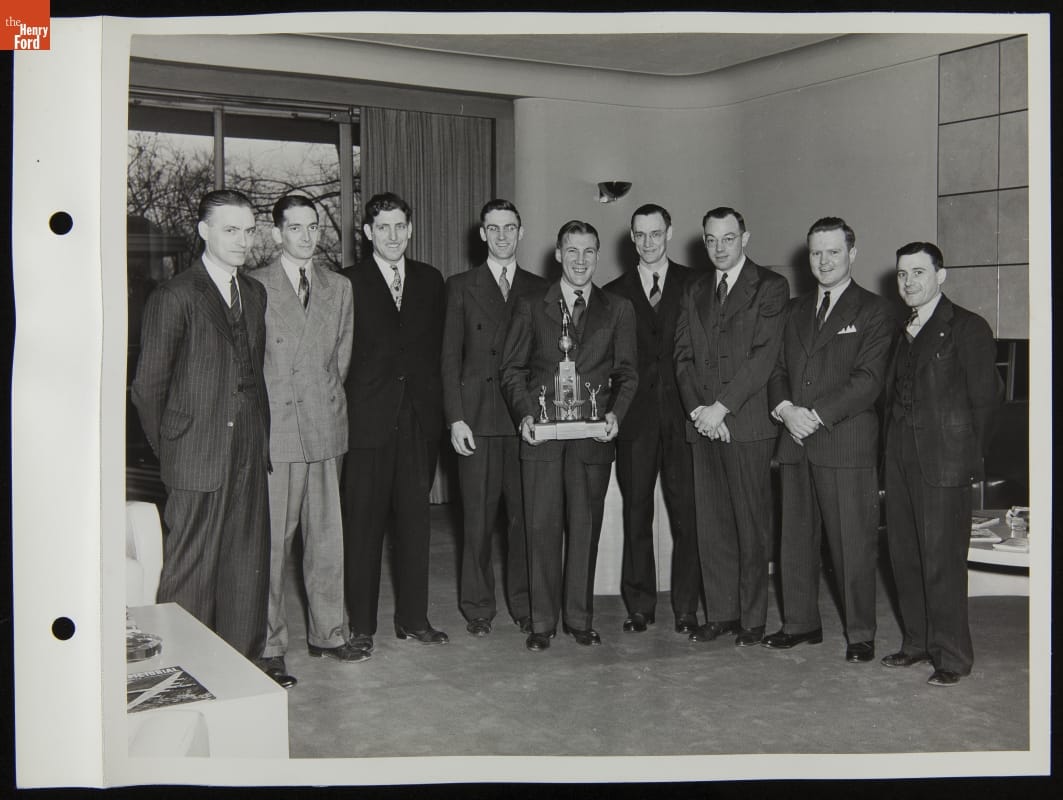 Men's Championship Basketball Team with Trophy, Ford Rotunda, 1944
