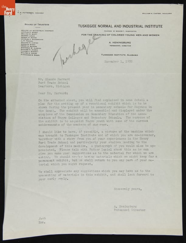 Letters from Alfonse Heningburg of Tuskegee Institute to Father Everard Daniel and Claude Harvard, November 1, 1935