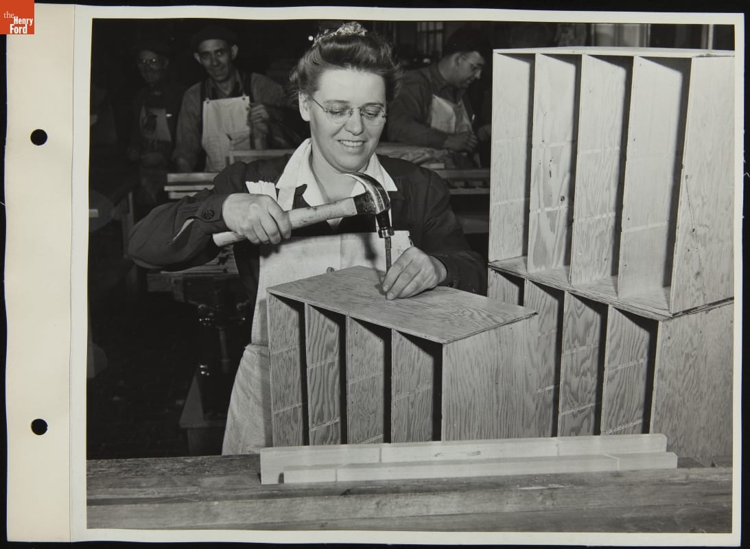 Edith Corpus Making Rivet Containers in the Cabinet Shop at Willow Run Bomber Plant, April 1943