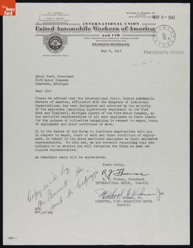 Letter from UAW-CIO to Edsel Ford Listing Ford Plants They Represent in Collective Bargaining, May 8, 1941