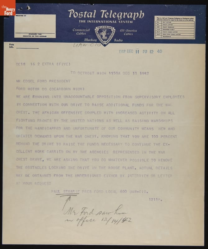 Telegram to Edsel Ford regarding Fundraising for the Community War Chest, December 11, 1942