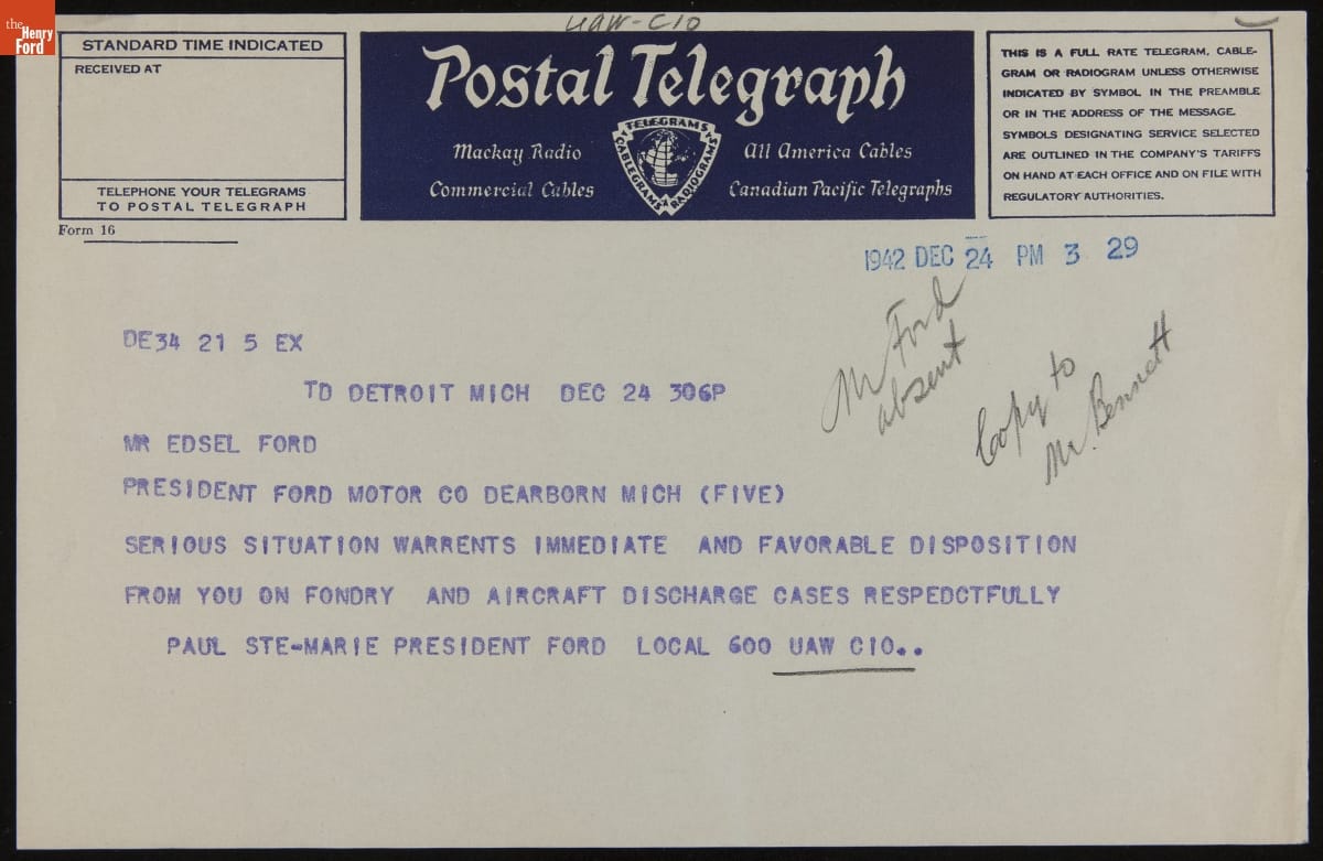 Telegram from Paul Ste. Marie to Edsel Ford, December 24, 1942