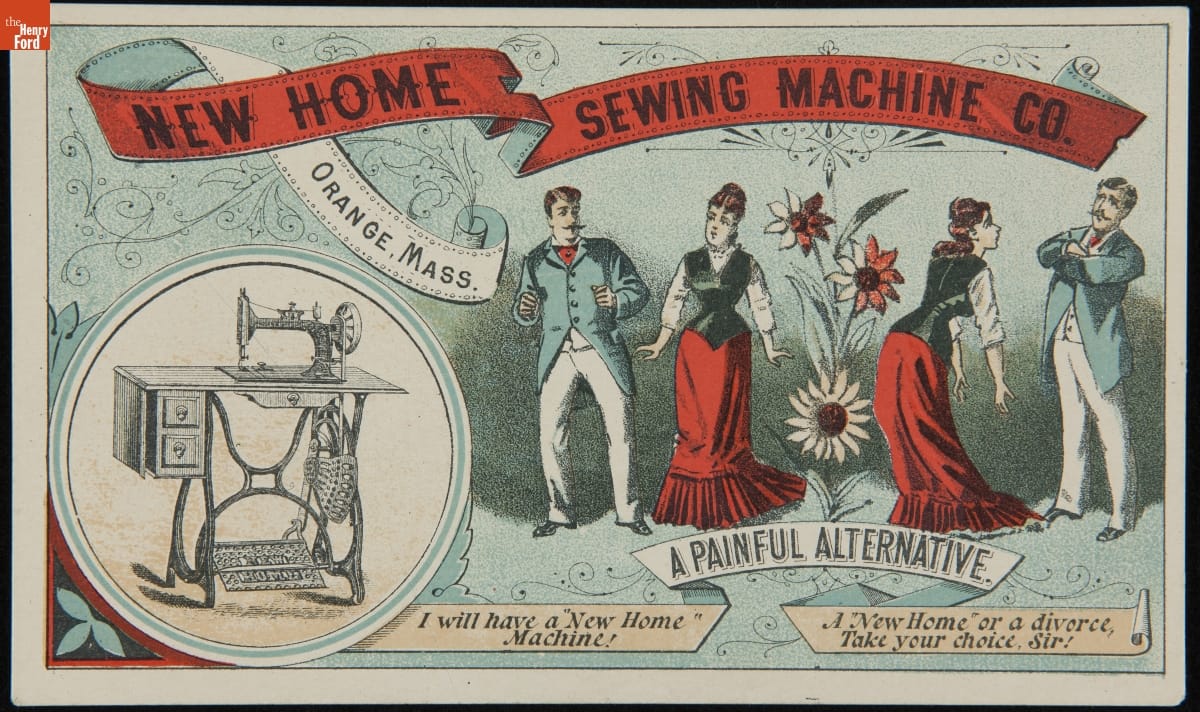 Trade Card for New Home Sewing Machines, "A 'New Home' or a Divorce, Take Your Choice," 1882-1900