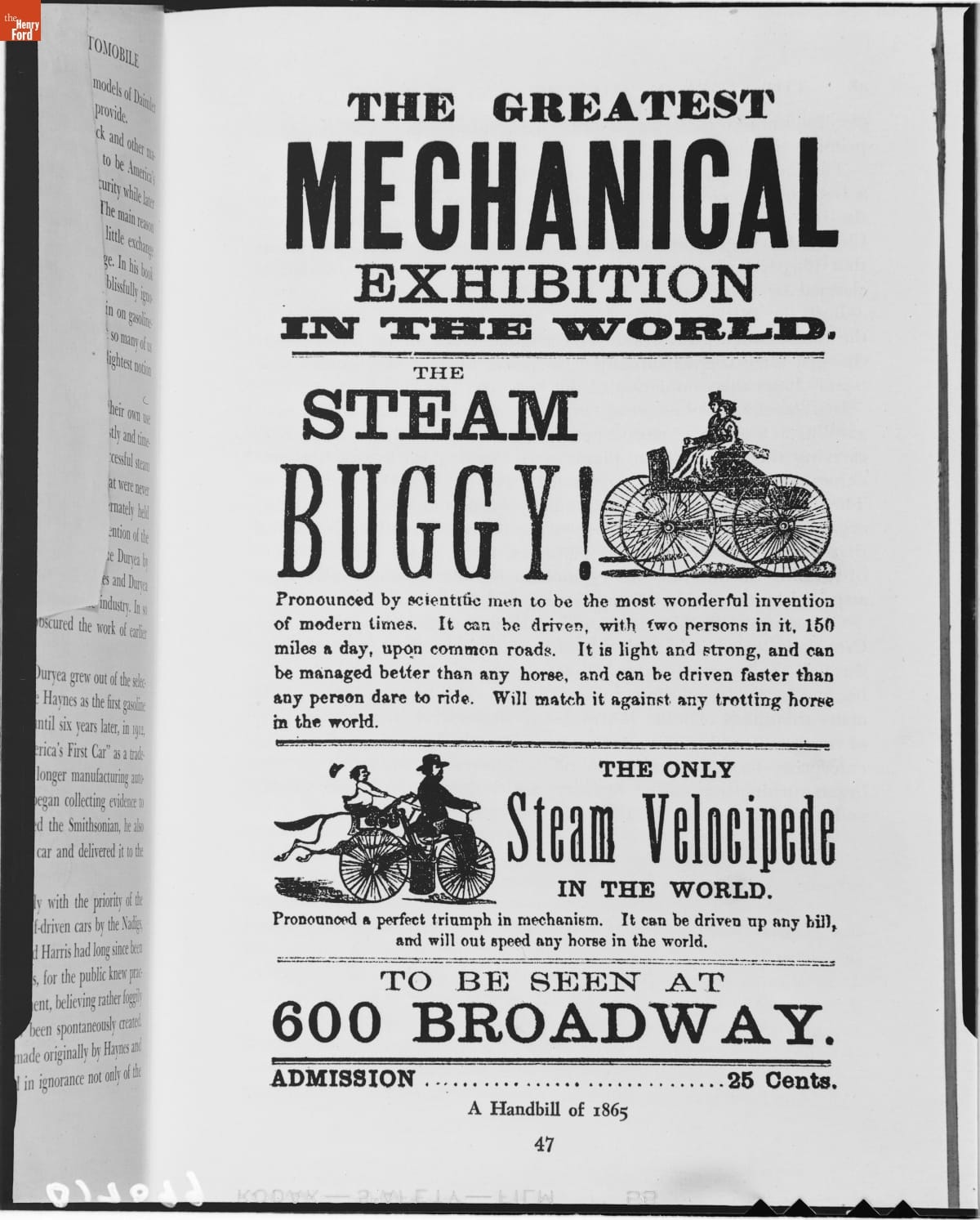 Handbill Advertising the Steam Buggy and the Steam Velocipede built by Sylvester Roper, 1864