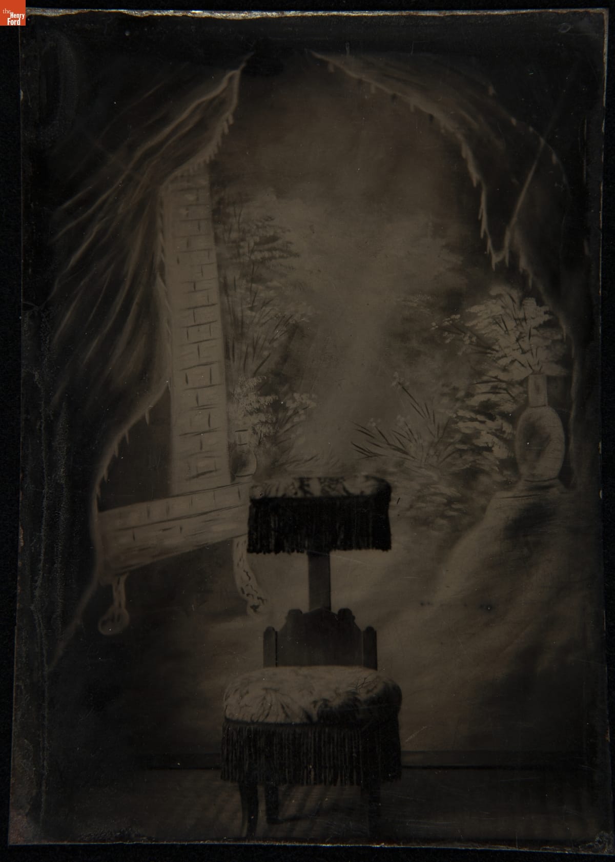 Empty Chair in Front of a Painted Backdrop, circa 1895