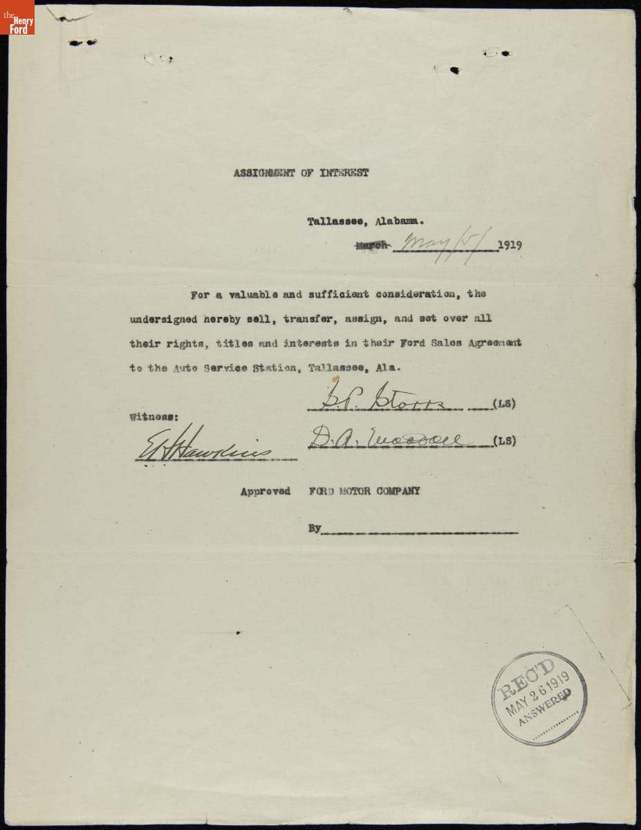 Assignment of Interest for Auto Service Station from Storrs and Wooddall, Tallassee, Alabama, May 1919